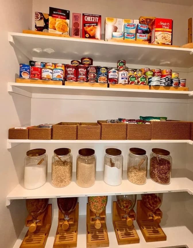 Pantry organized by Neat & Clean Services with labeled bins, jars, and dispensers